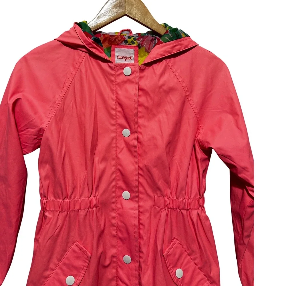 Cat And Jack Girl Rain Jacket L Pink Hooded Floral Lined Lightweight Windbreaker